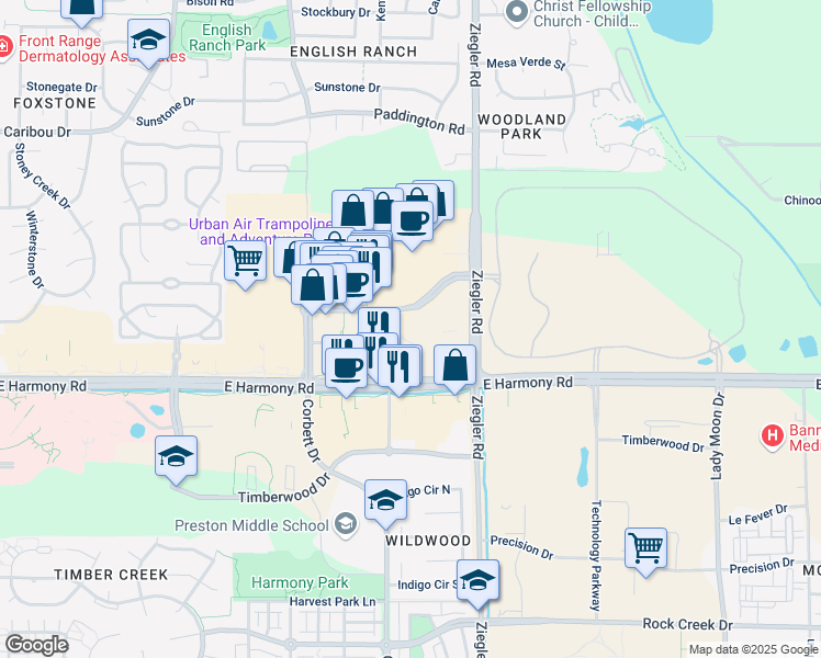 map of restaurants, bars, coffee shops, grocery stores, and more near in Fort Collins