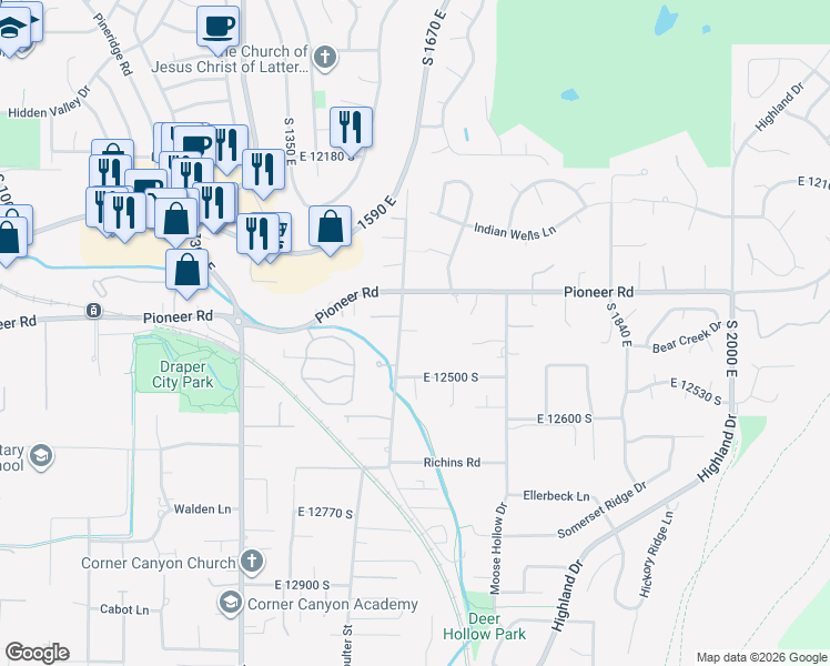 map of restaurants, bars, coffee shops, grocery stores, and more near 12363 South 1565 East in Draper