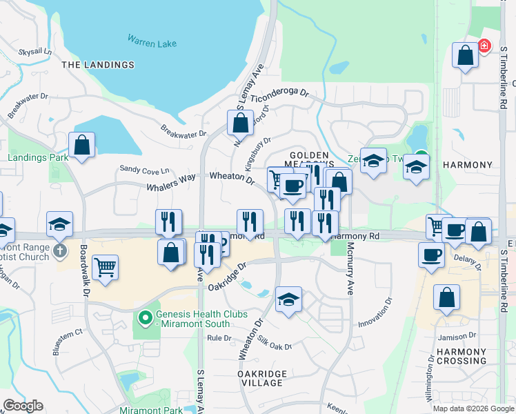 map of restaurants, bars, coffee shops, grocery stores, and more near 4545 Wheaton Drive in Fort Collins