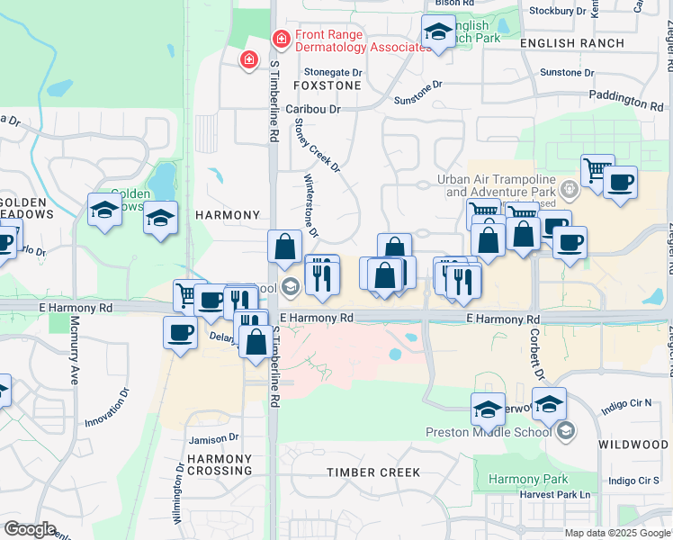 map of restaurants, bars, coffee shops, grocery stores, and more near 4424 Stoney Creek Drive in Fort Collins