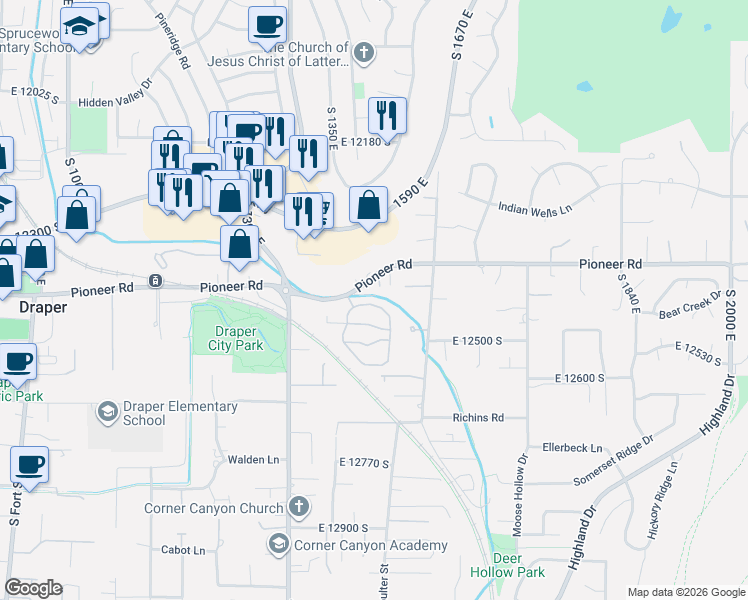 map of restaurants, bars, coffee shops, grocery stores, and more near 1478 Pioneer Road in Draper