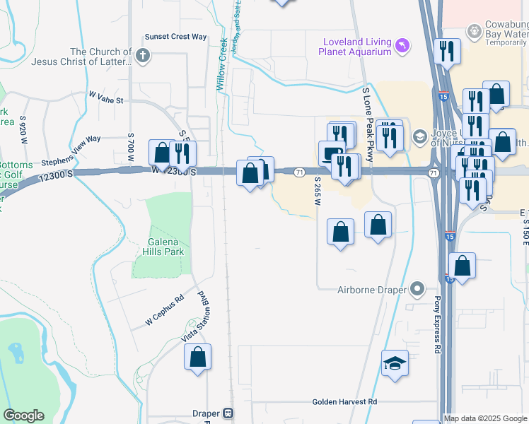map of restaurants, bars, coffee shops, grocery stores, and more near 12393 Gateway Park Place in Draper