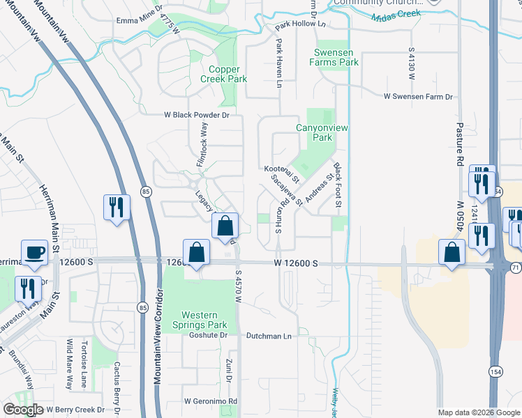 map of restaurants, bars, coffee shops, grocery stores, and more near 12432 Mayan Street in Riverton