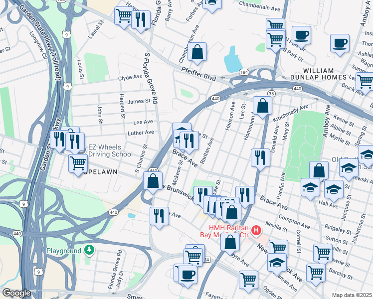 map of restaurants, bars, coffee shops, grocery stores, and more near 637 Carlock Avenue in Perth Amboy