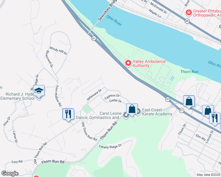 map of restaurants, bars, coffee shops, grocery stores, and more near 304 Hemlock Drive in Coraopolis