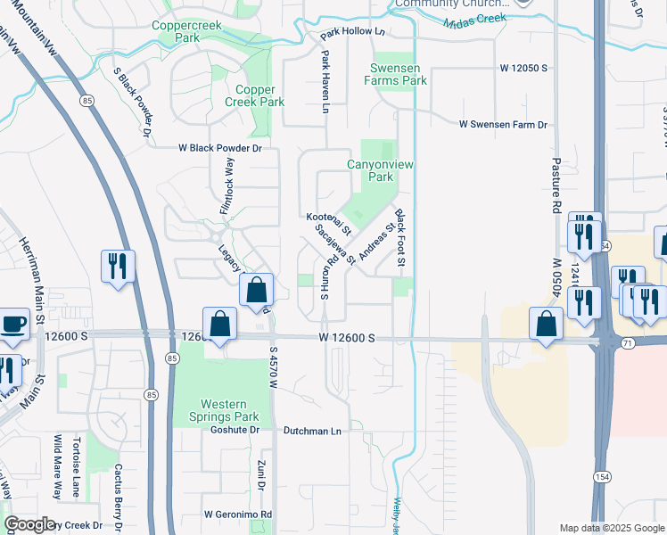 map of restaurants, bars, coffee shops, grocery stores, and more near 12453 South Huron Road in Riverton