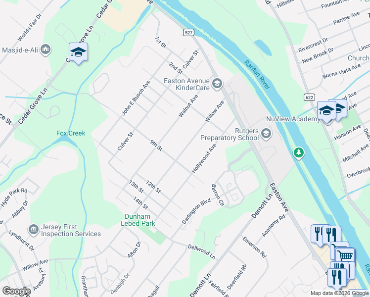 map of restaurants, bars, coffee shops, grocery stores, and more near 55 Willow Avenue in Franklin Township