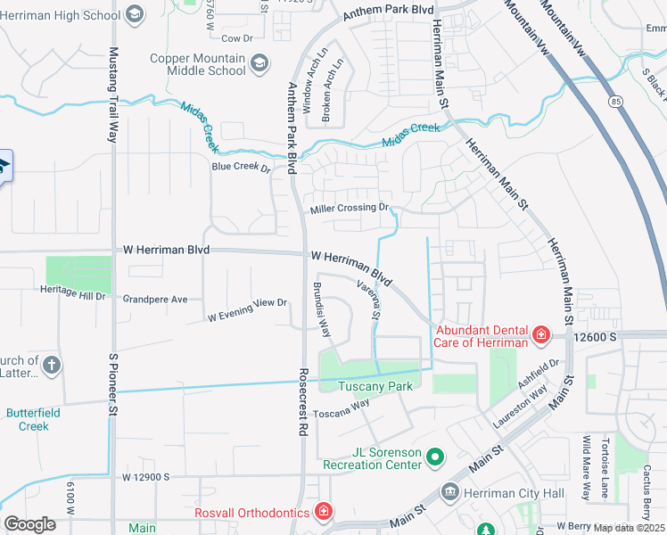 map of restaurants, bars, coffee shops, grocery stores, and more near 5516 Varenna Street in Herriman