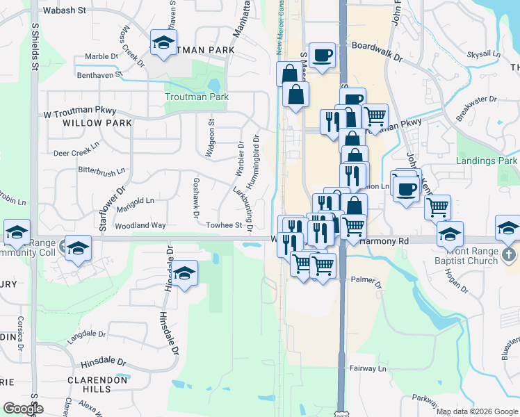 map of restaurants, bars, coffee shops, grocery stores, and more near 4540 Larkbunting Drive in Fort Collins