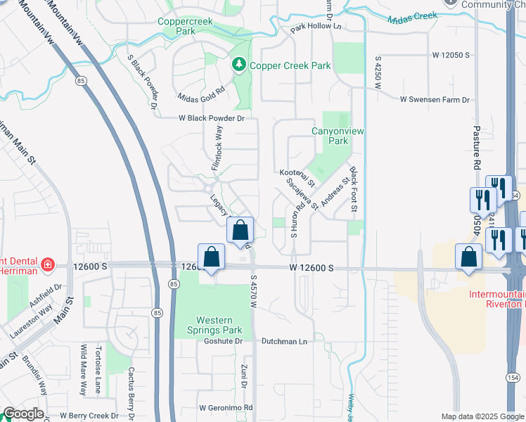 map of restaurants, bars, coffee shops, grocery stores, and more near 12432 Mayan Street in Riverton