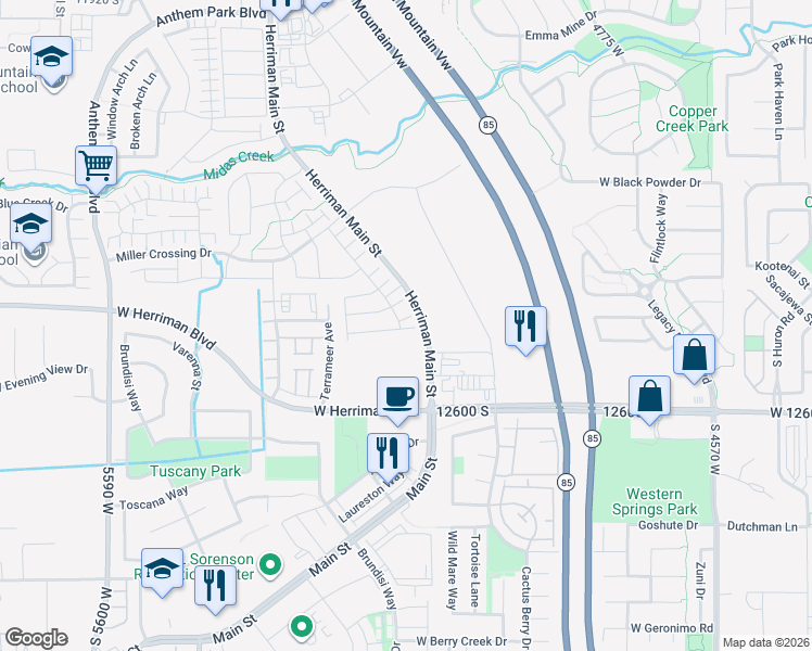 map of restaurants, bars, coffee shops, grocery stores, and more near 5107 West Tessitura Way in Herriman