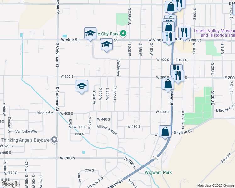 map of restaurants, bars, coffee shops, grocery stores, and more near 290 Fairlane Drive in Tooele