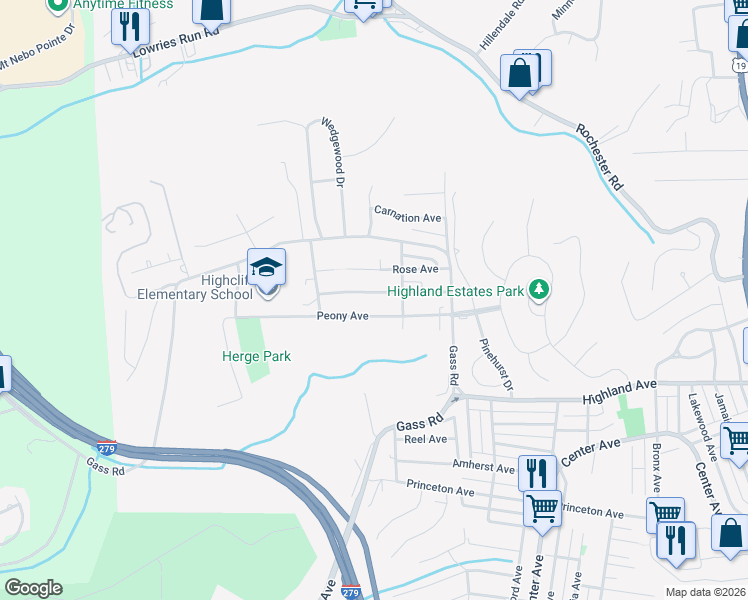 map of restaurants, bars, coffee shops, grocery stores, and more near 126 Lilac Avenue in Pittsburgh