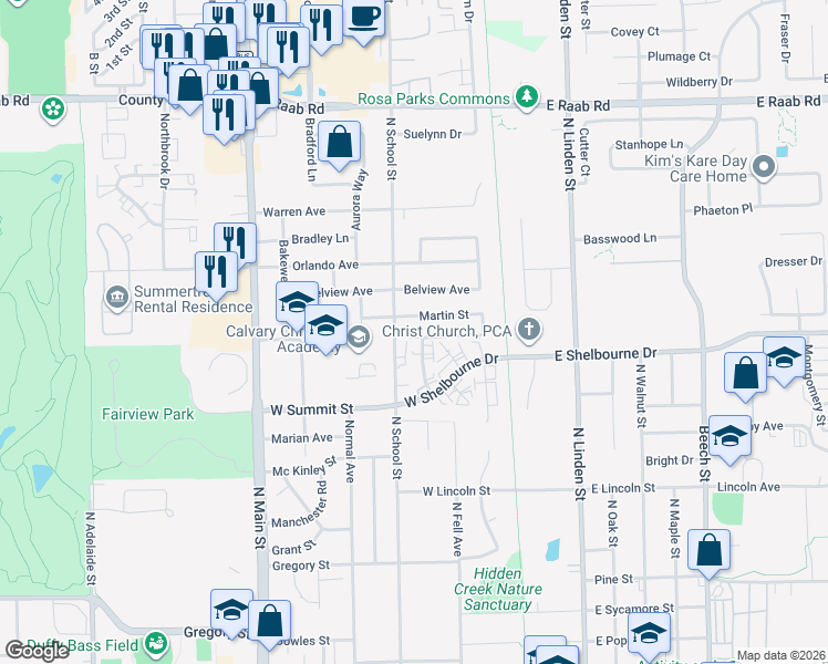 map of restaurants, bars, coffee shops, grocery stores, and more near 222 Martin Street in Normal