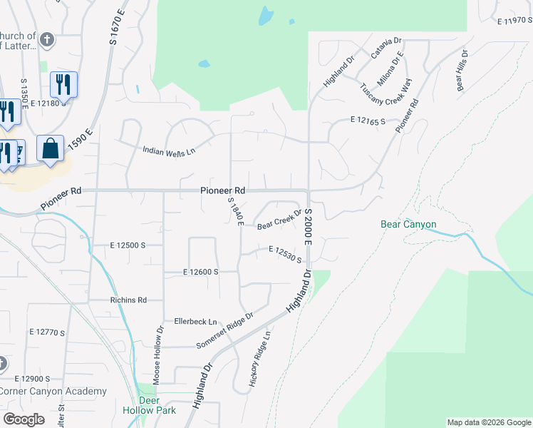 map of restaurants, bars, coffee shops, grocery stores, and more near 12378 Course View Lane in Draper