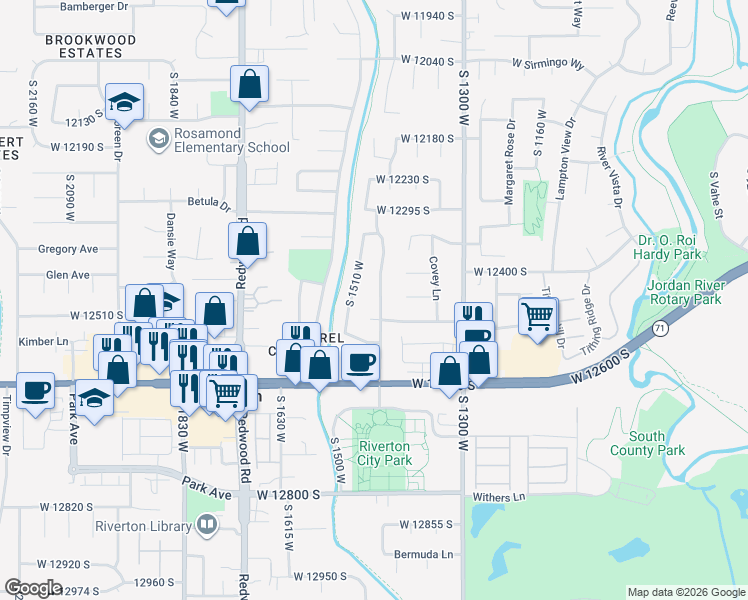 map of restaurants, bars, coffee shops, grocery stores, and more near 12454 South 1450 West in Riverton