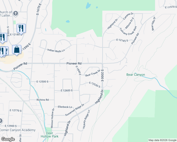 map of restaurants, bars, coffee shops, grocery stores, and more near 12369 Course View Lane in Draper