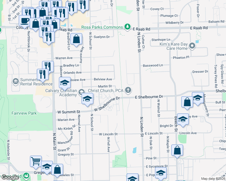 map of restaurants, bars, coffee shops, grocery stores, and more near 209 Martin Street in Normal