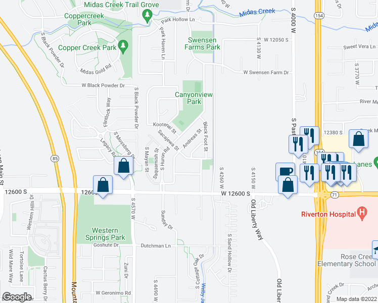 map of restaurants, bars, coffee shops, grocery stores, and more near 12454 Omaha Street in Riverton