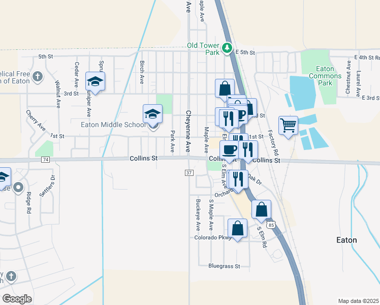map of restaurants, bars, coffee shops, grocery stores, and more near 25 Cheyenne Avenue in Eaton