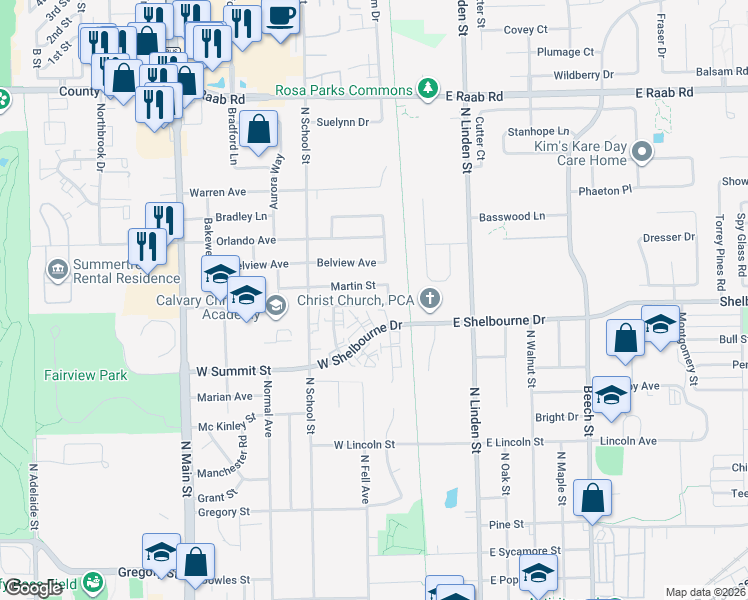 map of restaurants, bars, coffee shops, grocery stores, and more near 209 Martin Street in Normal