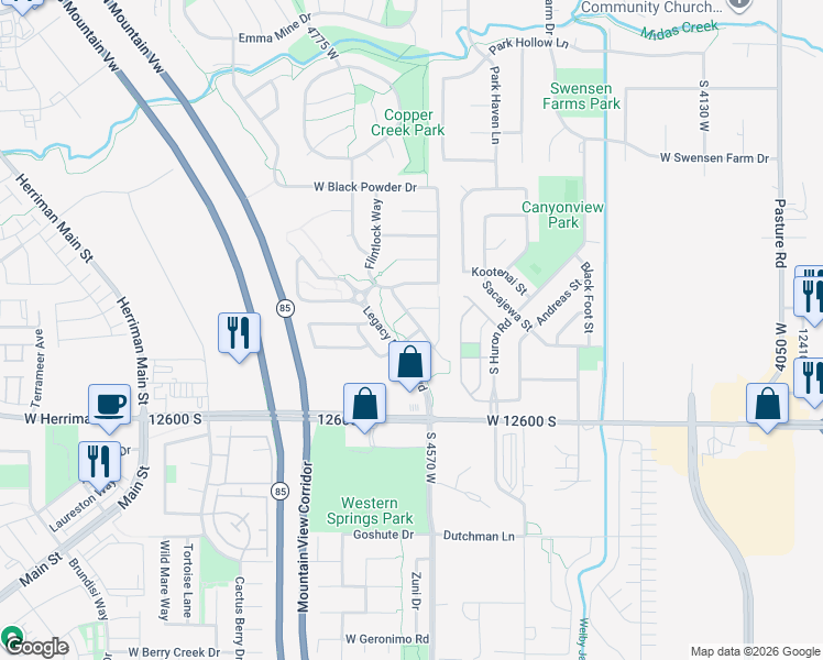 map of restaurants, bars, coffee shops, grocery stores, and more near 12446 South Mossberg Drive in Herriman