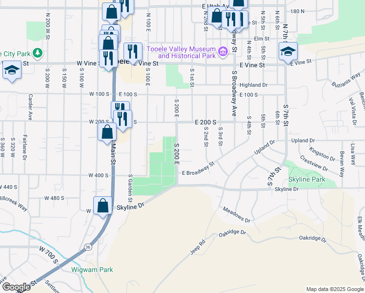 map of restaurants, bars, coffee shops, grocery stores, and more near 185 Crest Circle in Tooele