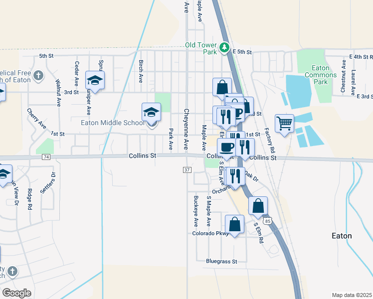 map of restaurants, bars, coffee shops, grocery stores, and more near 25 Cheyenne Avenue in Eaton