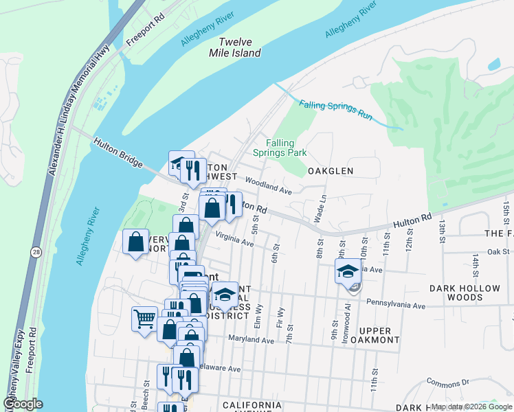 map of restaurants, bars, coffee shops, grocery stores, and more near 403 Hulton Road in Oakmont