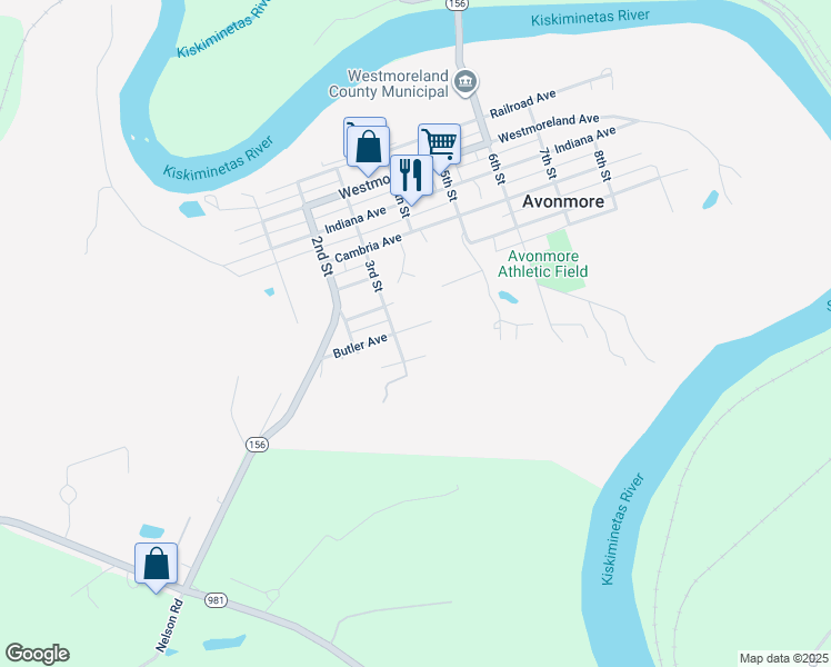 map of restaurants, bars, coffee shops, grocery stores, and more near 308 Butler Avenue in Avonmore