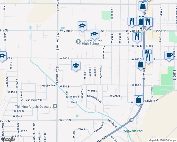 map of restaurants, bars, coffee shops, grocery stores, and more near 300 South 360 West in Tooele