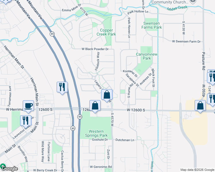 map of restaurants, bars, coffee shops, grocery stores, and more near 12446 South Mossberg Drive in Herriman