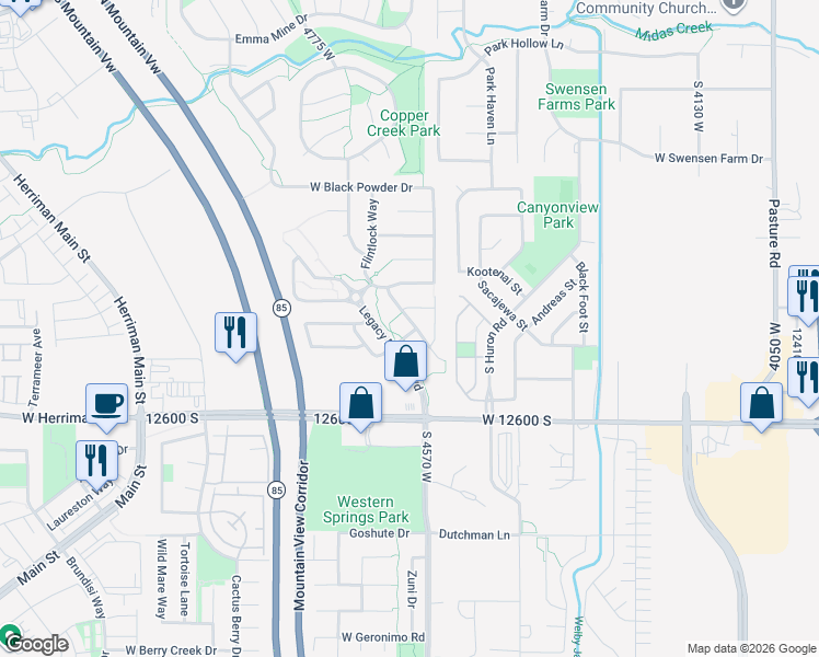 map of restaurants, bars, coffee shops, grocery stores, and more near 12446 South Mossberg Drive in Herriman