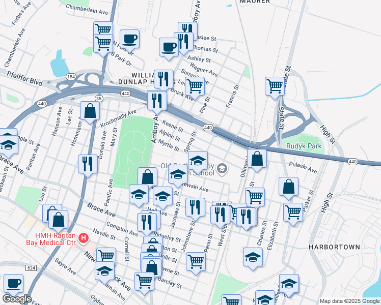 map of restaurants, bars, coffee shops, grocery stores, and more near 391 Alpine Street in Perth Amboy