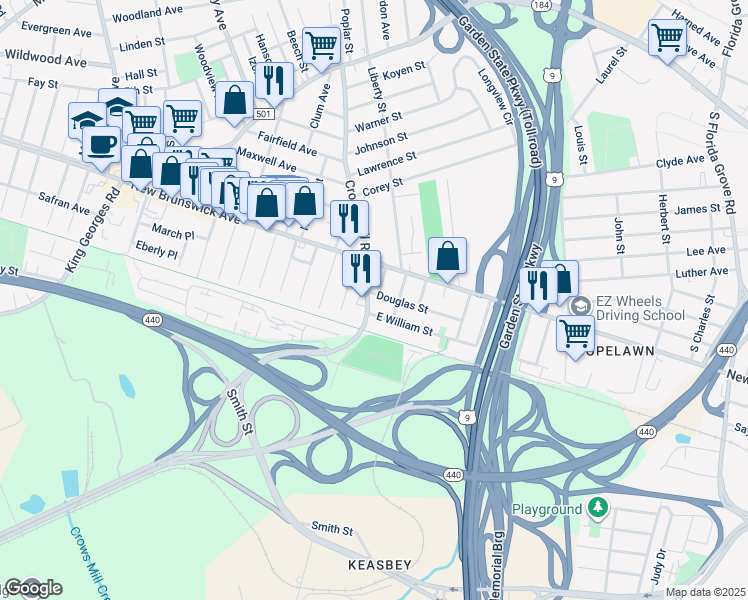 map of restaurants, bars, coffee shops, grocery stores, and more near 358 Crows Mill Road in Woodbridge Township