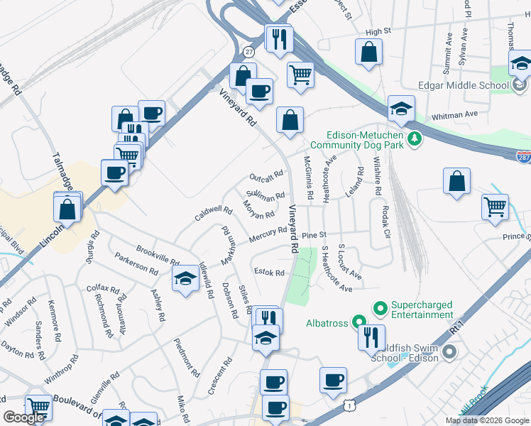 map of restaurants, bars, coffee shops, grocery stores, and more near 12 Sulliman Road in Edison