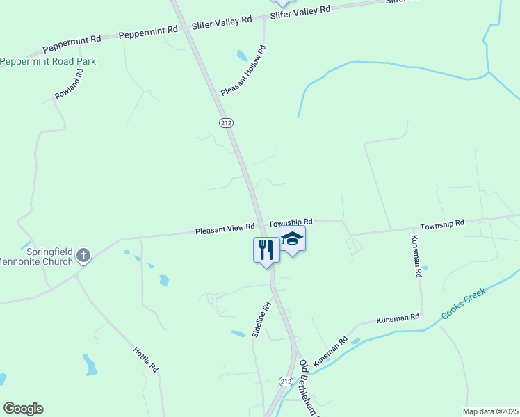 map of restaurants, bars, coffee shops, grocery stores, and more near 2025 Pennsylvania 212 in Coopersburg
