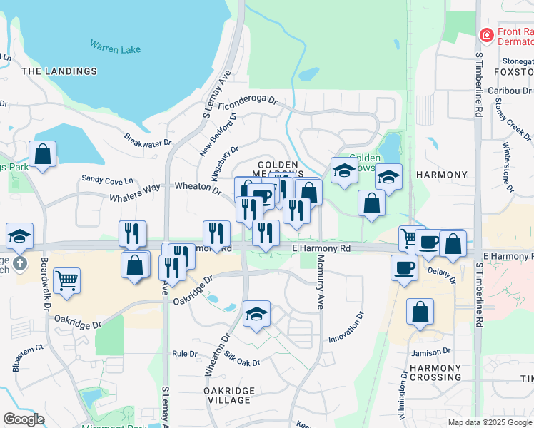 map of restaurants, bars, coffee shops, grocery stores, and more near 1355 Iva Court in Fort Collins