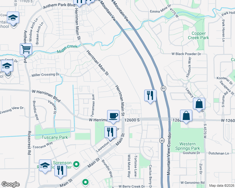 map of restaurants, bars, coffee shops, grocery stores, and more near 5063 Gregorian Court in Herriman