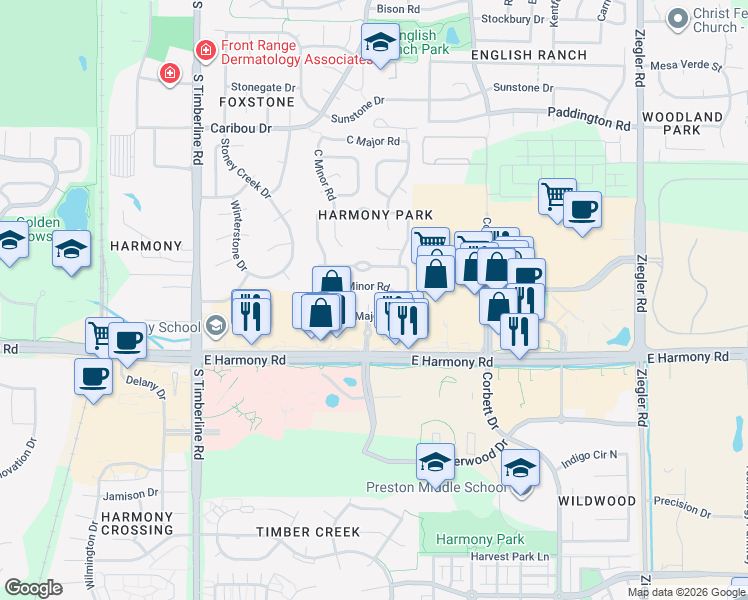 map of restaurants, bars, coffee shops, grocery stores, and more near Snow Mesa Drive in Fort Collins
