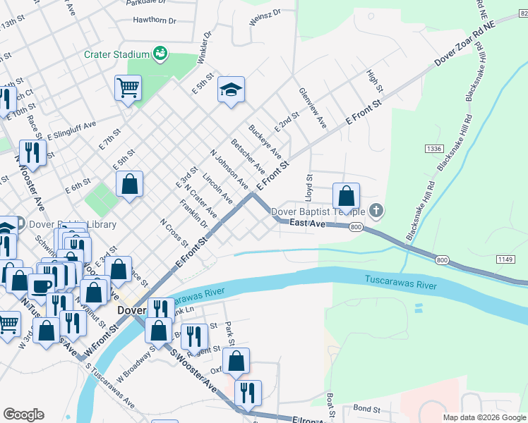 map of restaurants, bars, coffee shops, grocery stores, and more near 120 South Johnson Avenue in Dover