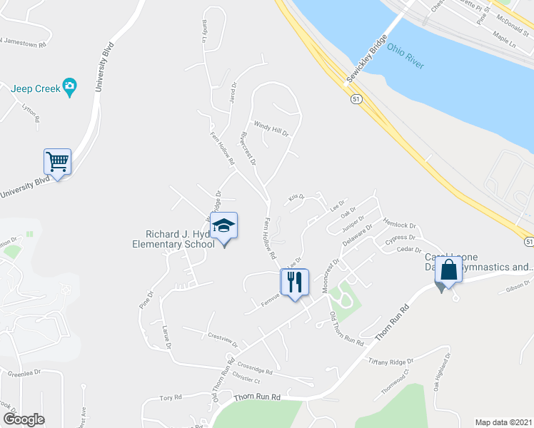 map of restaurants, bars, coffee shops, grocery stores, and more near 179 Fern Hollow Road in Carnot-Moon