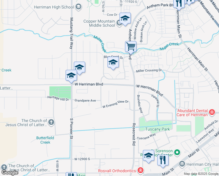 map of restaurants, bars, coffee shops, grocery stores, and more near 12447 Cheval Court in Herriman