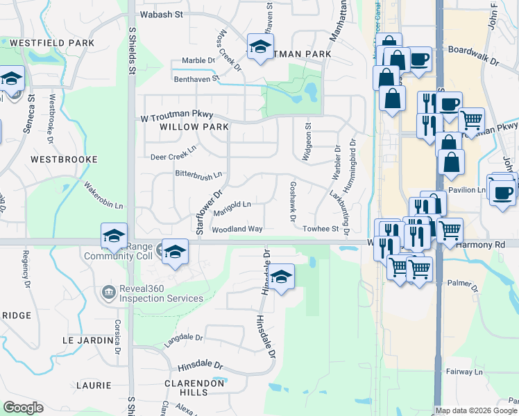 map of restaurants, bars, coffee shops, grocery stores, and more near 4437 Waterleaf Court in Fort Collins