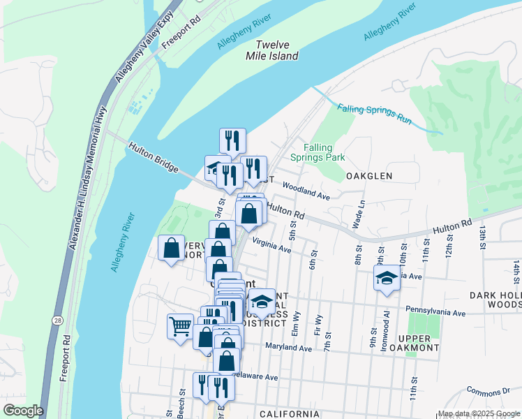 map of restaurants, bars, coffee shops, grocery stores, and more near 363 Hulton Road in Oakmont
