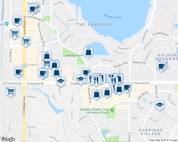 map of restaurants, bars, coffee shops, grocery stores, and more near 4501 East Boardwalk Drive in Fort Collins