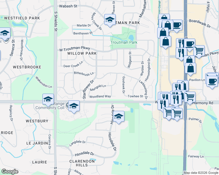 map of restaurants, bars, coffee shops, grocery stores, and more near 4437 Waterleaf Court in Fort Collins