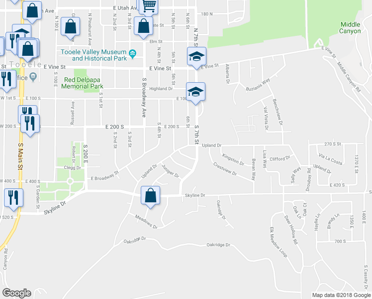 map of restaurants, bars, coffee shops, grocery stores, and more near 511 Upland Drive in Tooele
