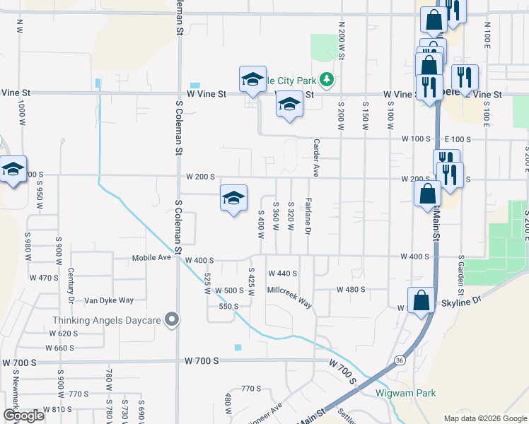 map of restaurants, bars, coffee shops, grocery stores, and more near 278 South 400 West in Tooele