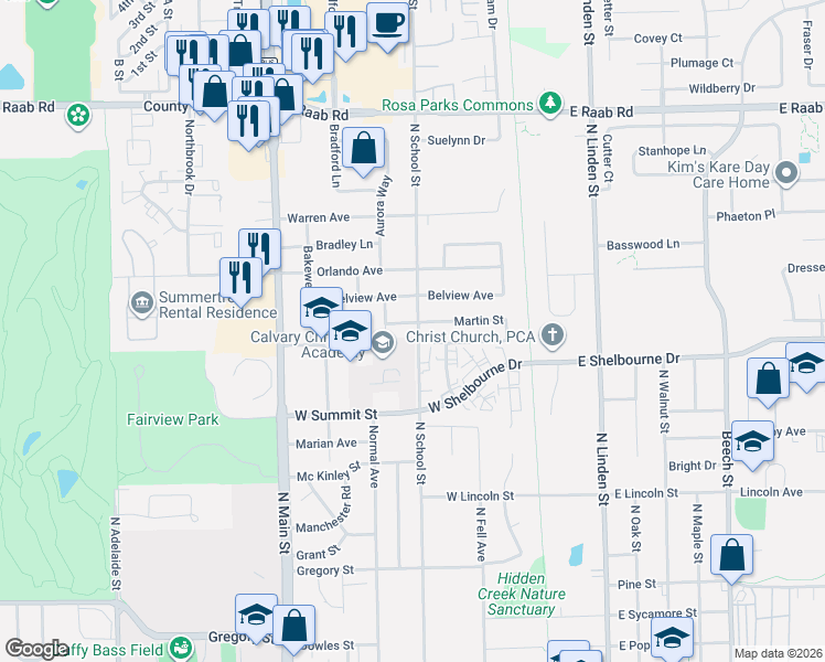 map of restaurants, bars, coffee shops, grocery stores, and more near 302 Martin Street in Normal